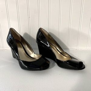 Black Patent Leather Open-Toed Wedges, 6